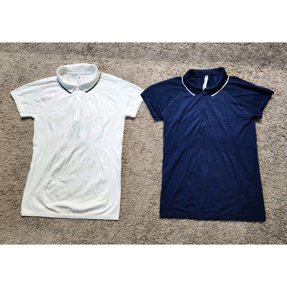 Athleta Momentum Polo Tee Seamless Womens L 1/4 Zip Blue White Shirt Lot Of 2